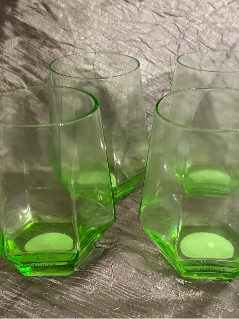 4 Set Lime Green Facet Stemless Wine Glasses Mouth-blown Glass Dishwasher Safe
